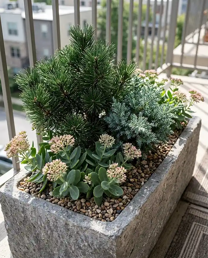 four-season evergreen structure with dwarf conifers and sedum in a balcony trough. full sun balcony plants