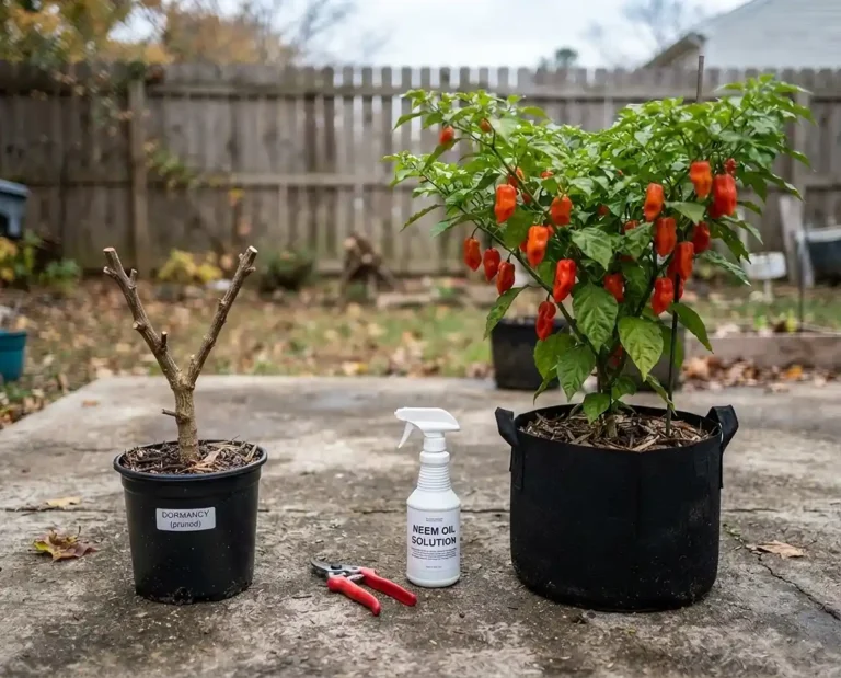 fruiting habanero beside a bare pruned pepper in a small pot with pruners and neem spray, overwintering pepper plants in containers.