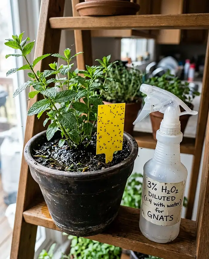 fungus gnats and sticky traps in an overwatered ladder herb pot