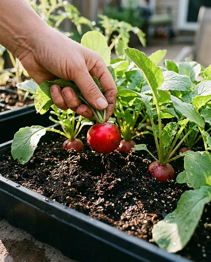 harvesting radishes at one inch wide from a shallow tray