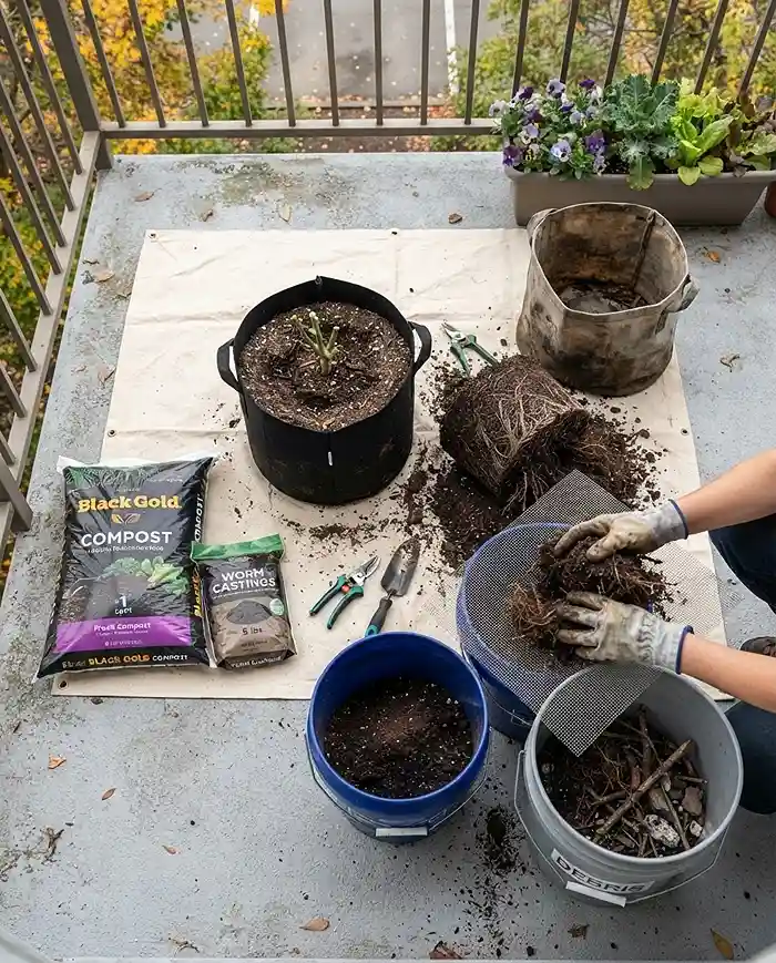 Sifting old tomato soil through hardware cloth and separating root debris into a trash bucket, transitioning a container for the next crop.