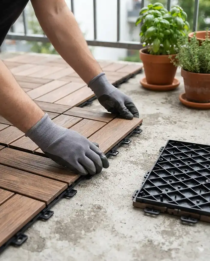 Renter Friendly Balcony Flooring Under Planters 3 installing renter friendly balcony flooring with interlocking composite deck tiles