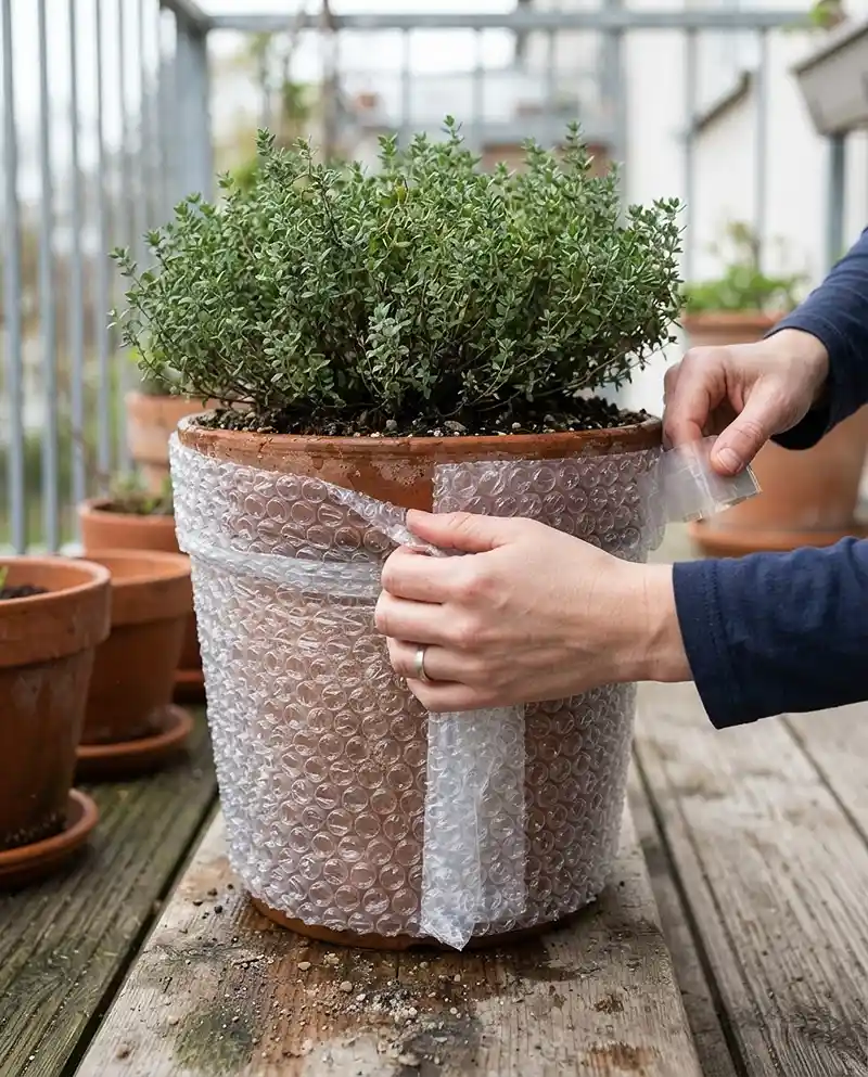 insulating a pot with bubble wrap for overwintering sage and thyme