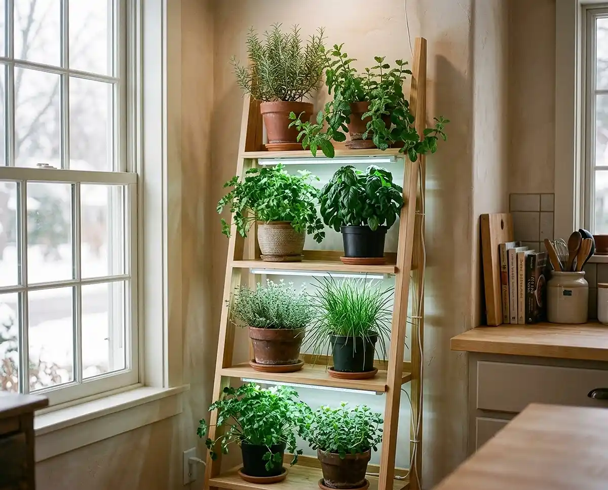 ladder shelf herb garden with grow lights in a small kitchen