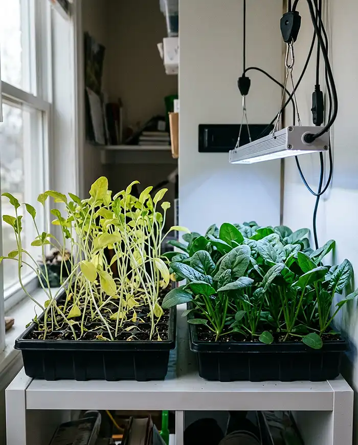 leggy etiolated windowsill greens versus compact growth under a grow light