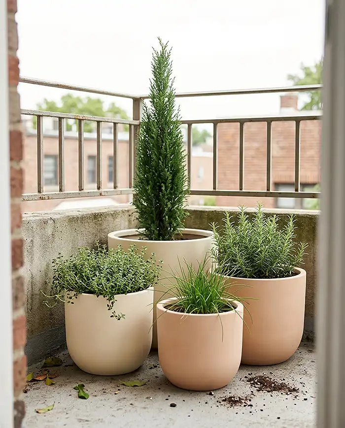 Space Saving Balcony Garden Ideas That Look Bigger 3 light-colored monochromatic pots making a space saving balcony garden look bigger