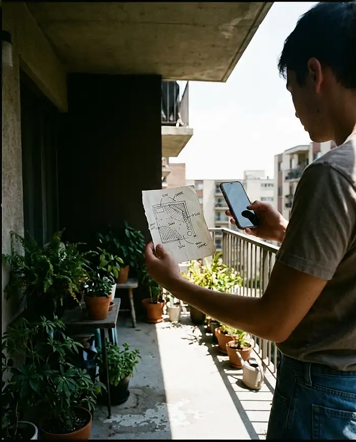 Balcony Vegetable Garden: Build a Micro Urban Farm 2 mapping daily sun exposure and shade pockets on a balcony before planting vegetables