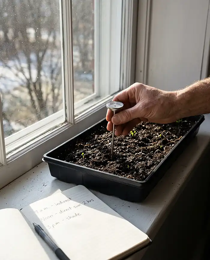 measuring winter sun hours on a windowsill for growing greens