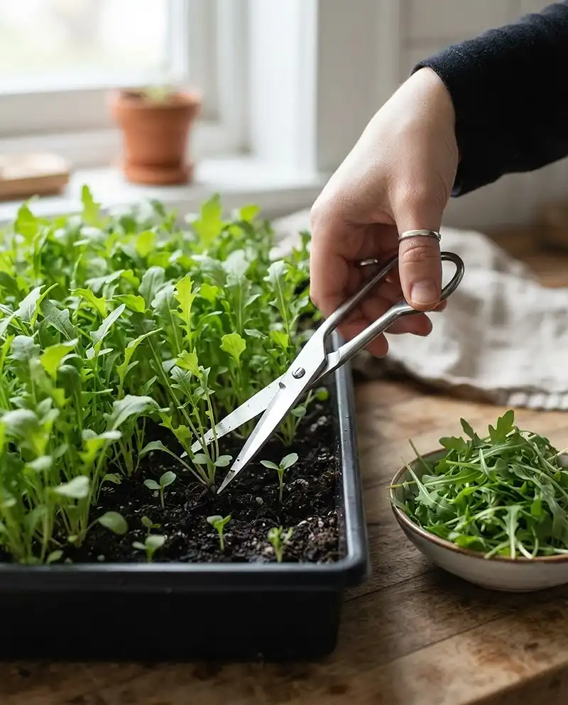 Fast Growing Herbs From Seed 4 micro-harvesting young herb seedlings with scissors at day 14.