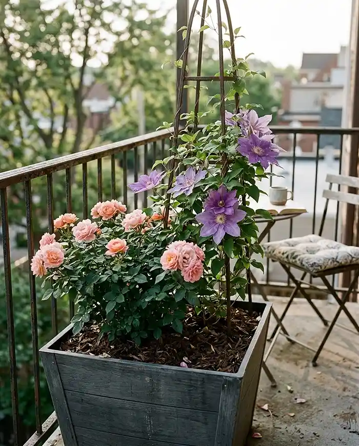 miniature patio rose and clematis romantic corner on a sunny balcony