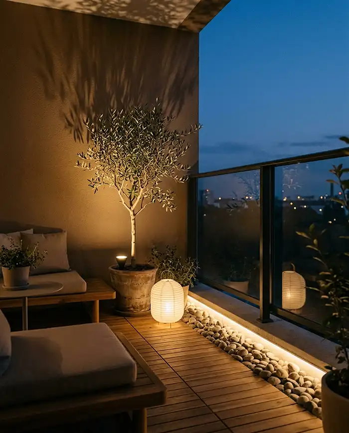 minimalist ambient lighting on a japandi balcony with hidden LED strips and a warm paper lantern