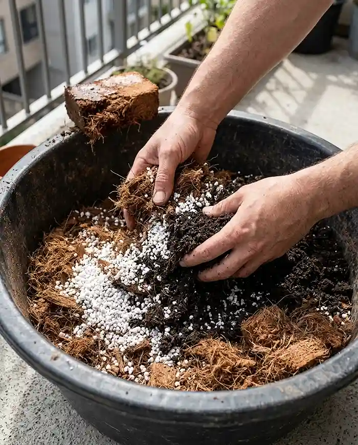 Balcony Vegetable Garden: Build a Micro Urban Farm 4 mixing a lightweight potting soil of coco coir, perlite, and worm castings for container crops