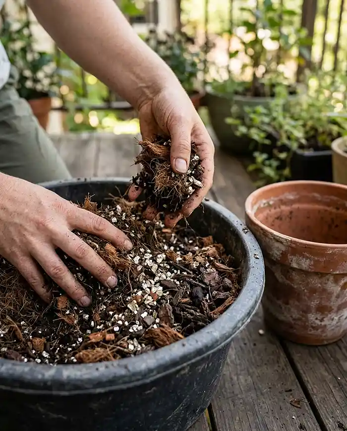 mixing a moisture-locking coir potting soil for terracotta pots on a cottage garden balcony