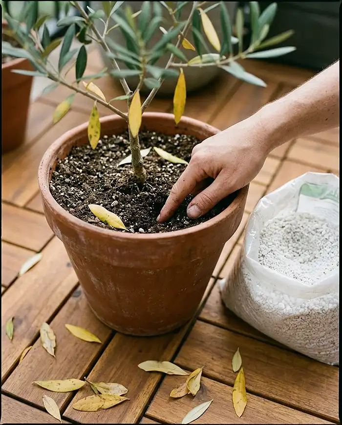 olive tree leaf drop from overwatering shown on a japandi balcony with a soil moisture check