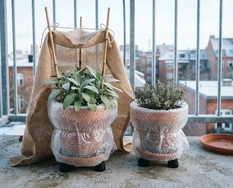 overwintering sage and thyme in pots wrapped and elevated on a winter balcony