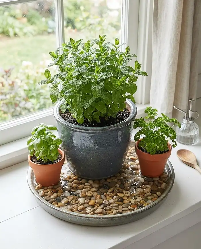 pebble tray boosting humidity for indoor mint in winter