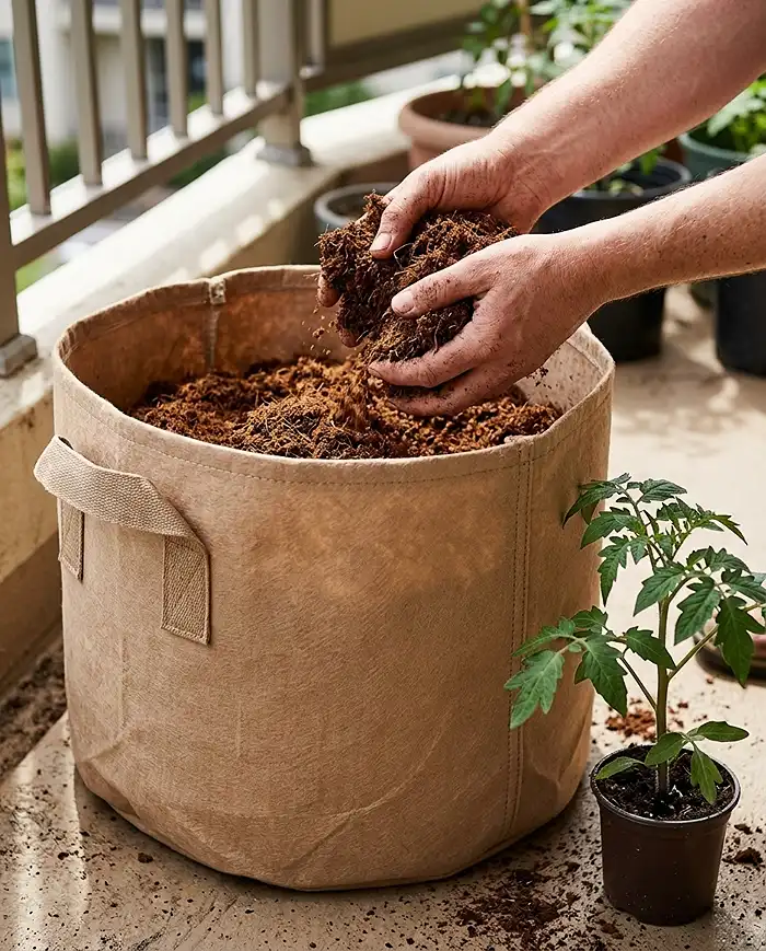 Balcony Vegetable Garden: Build a Micro Urban Farm 3 planting a determinate tomato in a fabric grow bag for a balcony vegetable garden