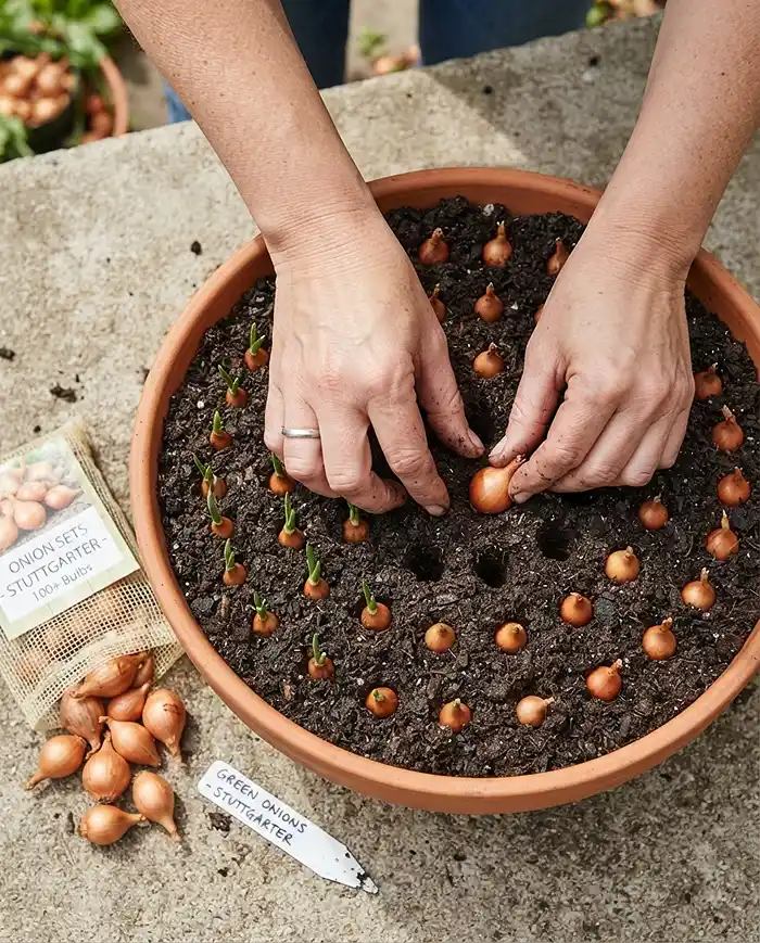 Growing Green Onions in Pots 3 planting onion sets in a pot for faster green onion harvests