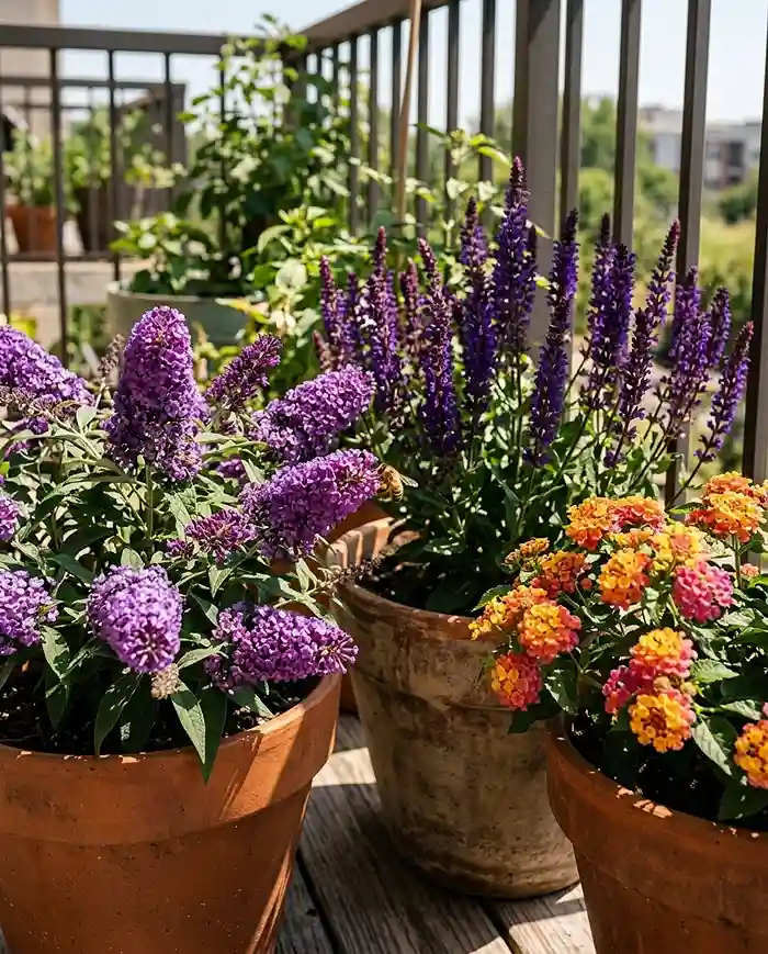 pollinator haven balcony with lantana, salvia, and dwarf butterfly bush