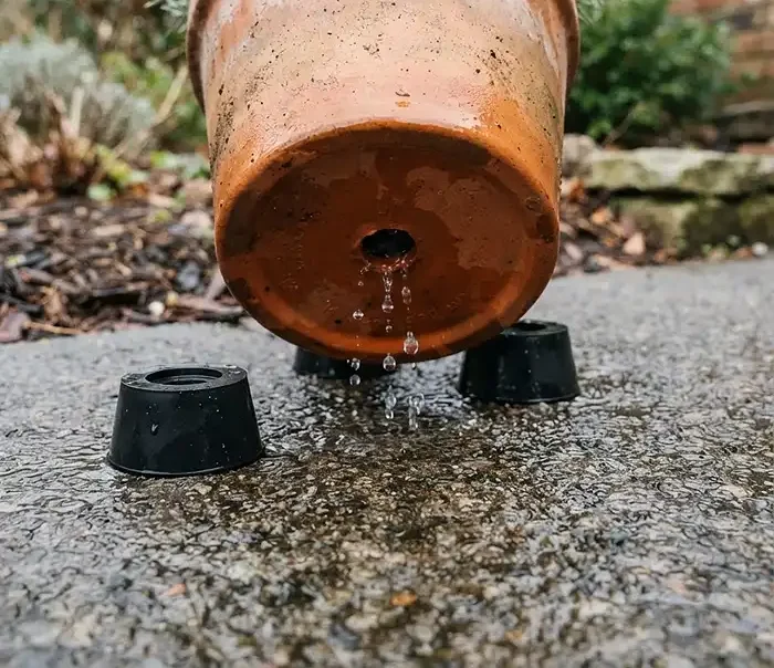 pot feet breaking surface tension so water drains from the container e1792932491807