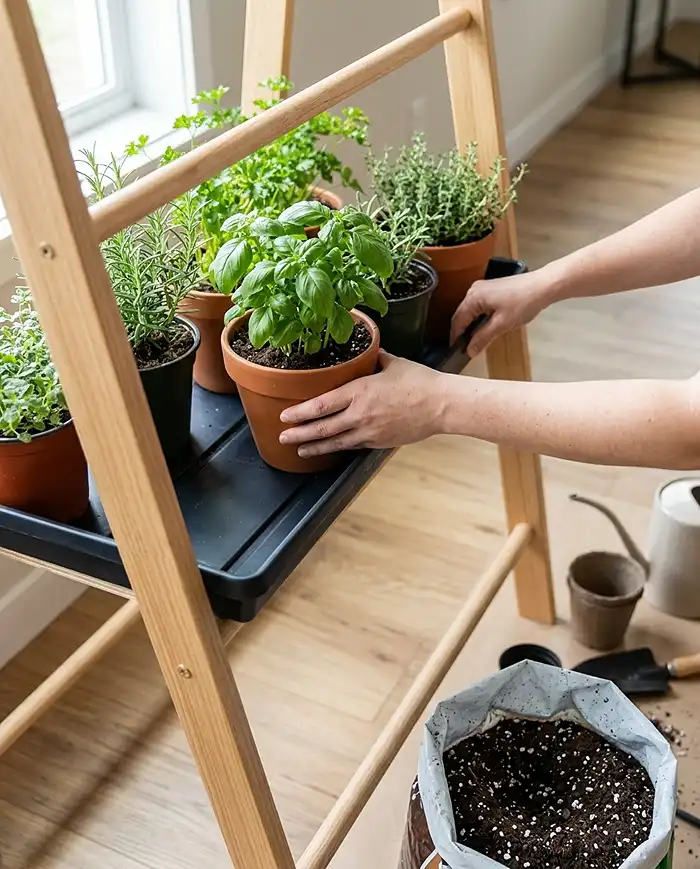 potting and securing trays on a ladder shelf herb garden
