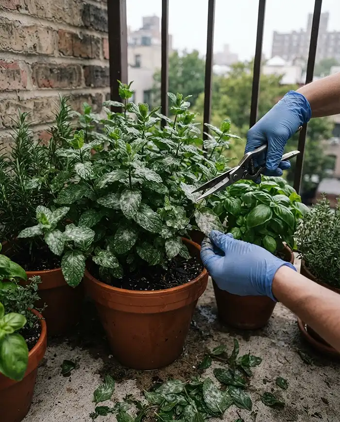 powdery mildew in a low-airflow sheltered balcony corner