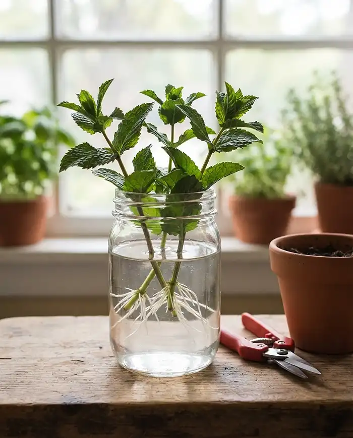 propagating mint cuttings in water for growing mint indoors in winter