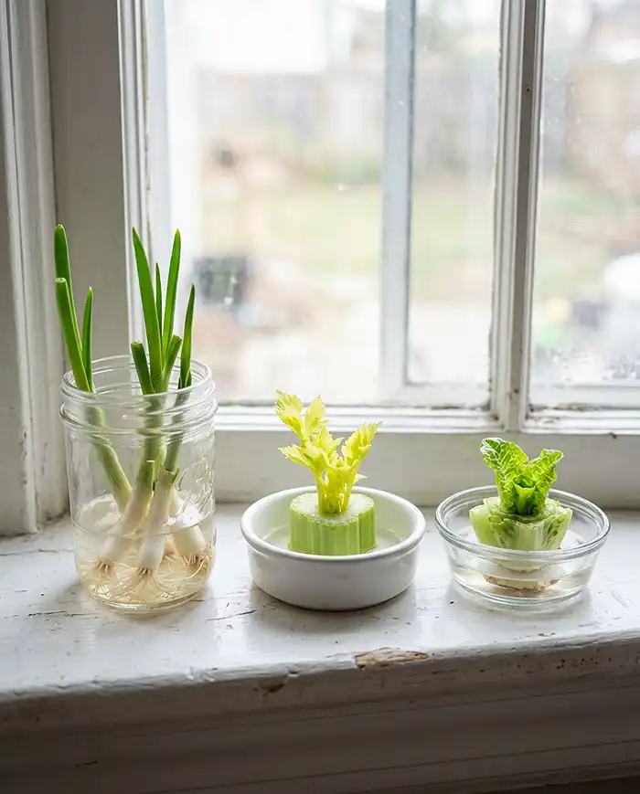 Budget Small Garden Ideas 3 regrowing green onion, celery, and romaine kitchen scraps for free vegetables