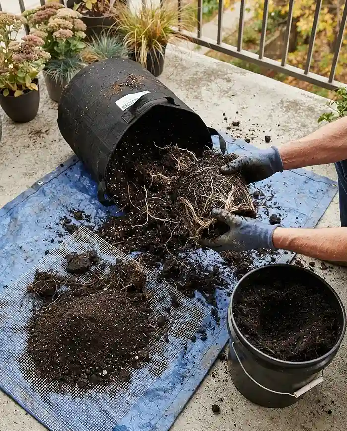 Fall Balcony Garden Cleanup 3 removing root masses and refreshing container soil in fall balcony garden cleanup