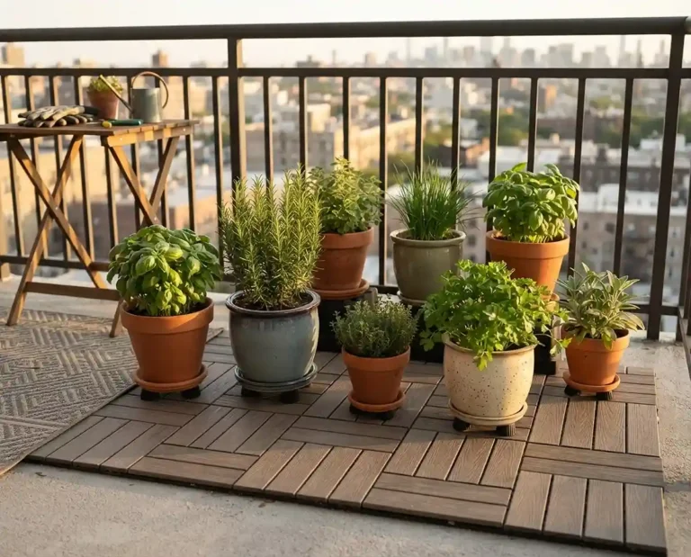 renter friendly balcony flooring with container herbs on composite deck tiles