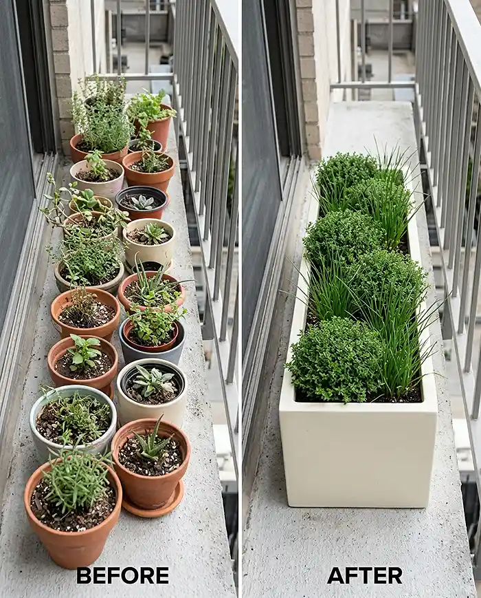 Space Saving Balcony Garden Ideas That Look Bigger 5 replacing many tiny cluttered pots with one sleek trough on a balcony