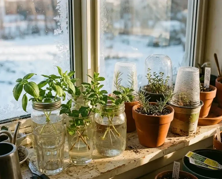 rooting herb cuttings indoors in water and soil before winter frost