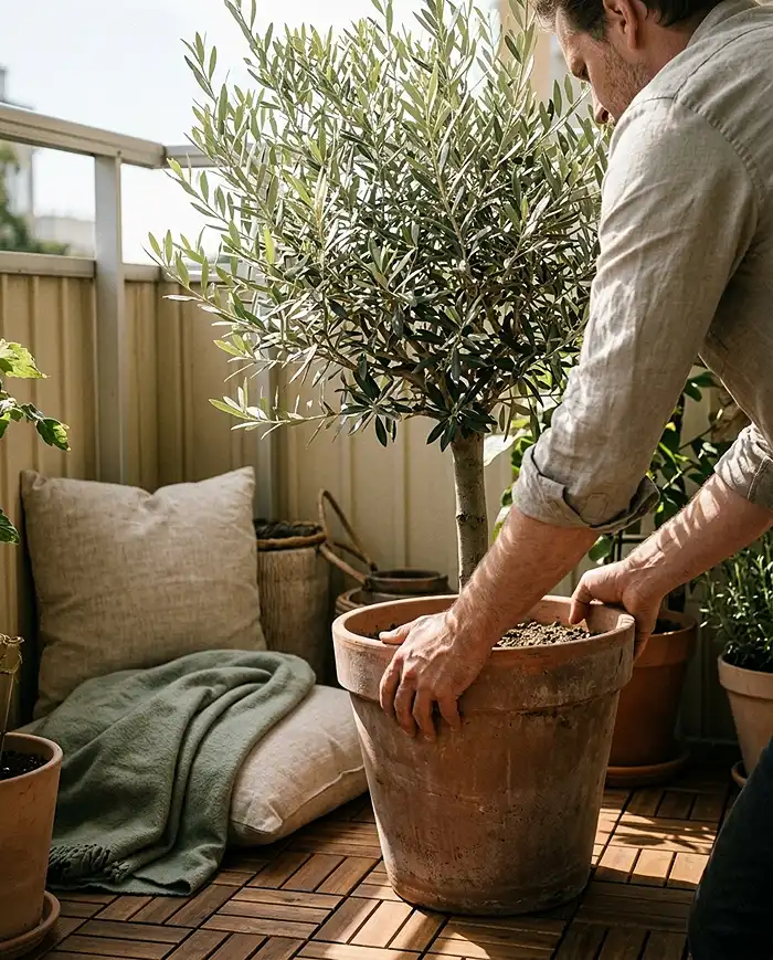 rotating a potted olive tree for even sun on a japandi balcony while keeping textiles in shade