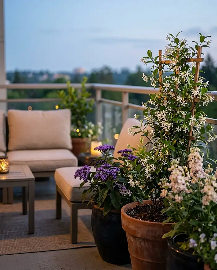 scented evening lounge with star jasmine and night-blooming stock on a balcony