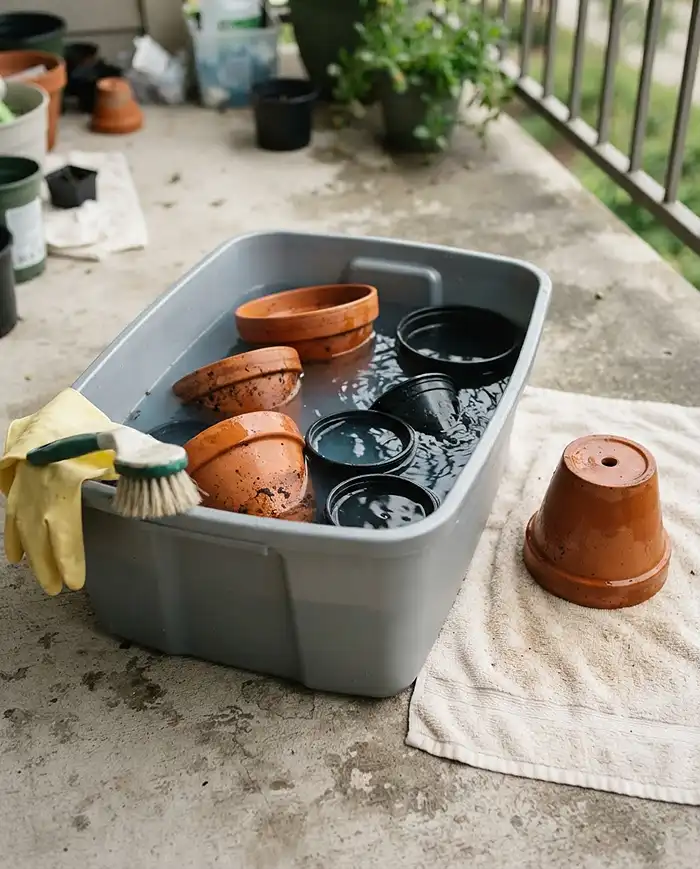 Fall Balcony Garden Cleanup 4 scrubbing and disinfecting empty pots with a bleach solution after the season