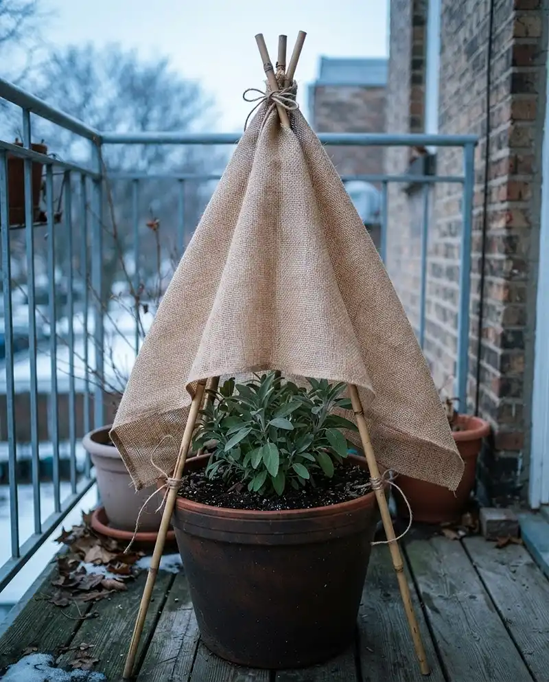 sheltering potted herb foliage with a burlap-wrapped bamboo stake frame
