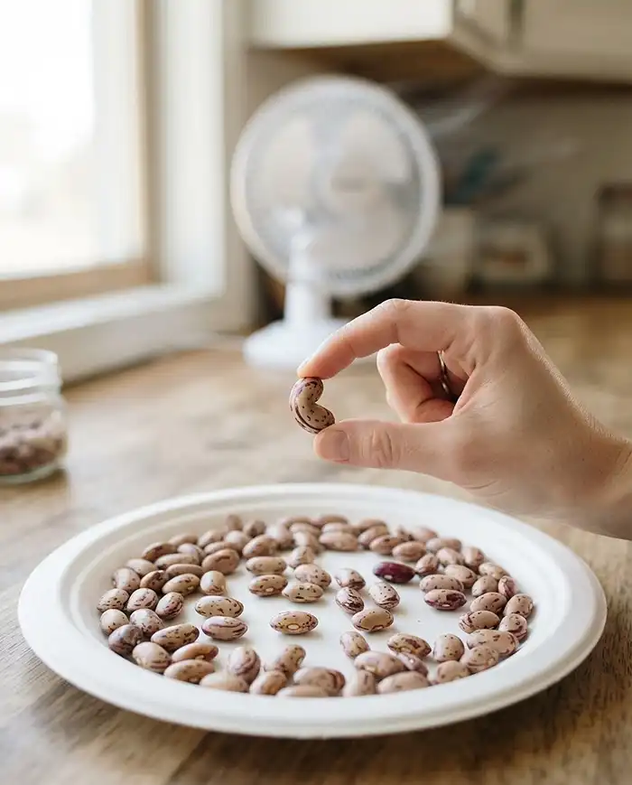 How to Save Vegetable Seeds From Container Plants 4 snap test checking bean seeds are fully dry before storage