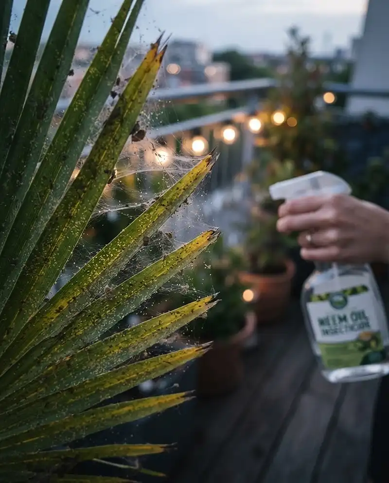 Boho Balcony Ideas 4 spider mite webbing and stippling on the underside of a potted palm frond