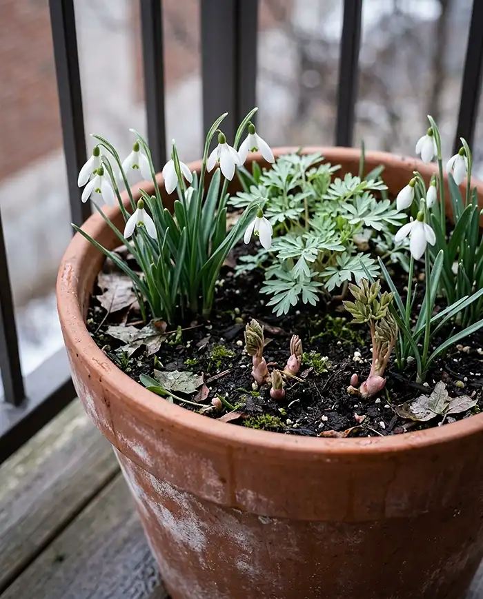 North Facing Balcony Plants: 10 Ideas Beyond Ferns 10 spring bulb lasagna pot with snowdrops, corydalis, and bleeding hearts on a shady balcony