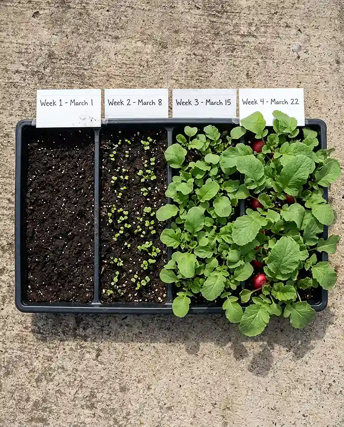 staggered succession sowing across tray sections for radishes.
