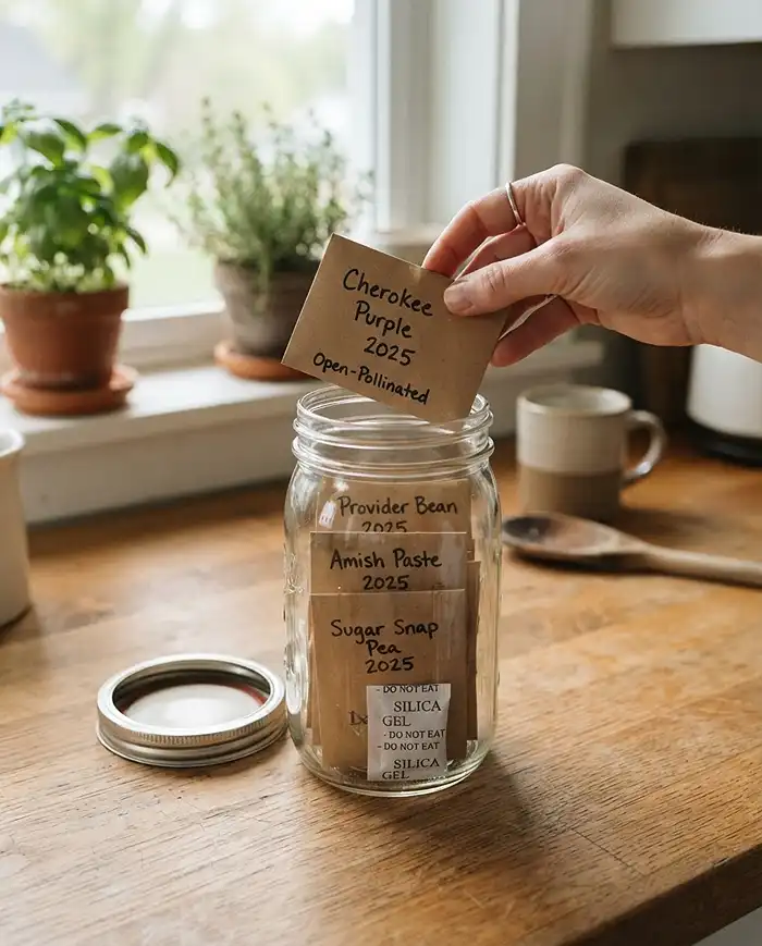 How to Save Vegetable Seeds From Container Plants 5 storing saved vegetable seeds in labeled envelopes inside an airtight jar
