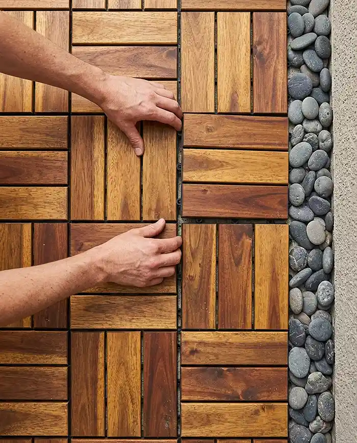 styling japandi balcony ideas with interlocking wood tiles in a checkerboard pattern and river rock border