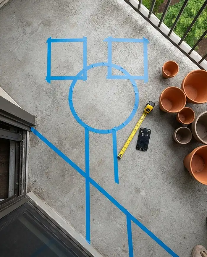 table chair footprint taped out with a 24‑inch clearance lane on a balcony floor, planning traffic flow for a dining nook