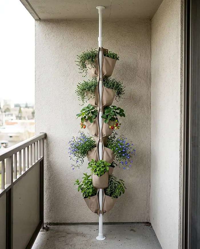 Space Saving Balcony Garden Ideas That Look Bigger 4 tension pole with wall-mounted fabric pockets for vertical balcony gardening