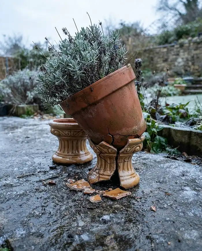 terracotta pot foot cracked by freezing water in winter