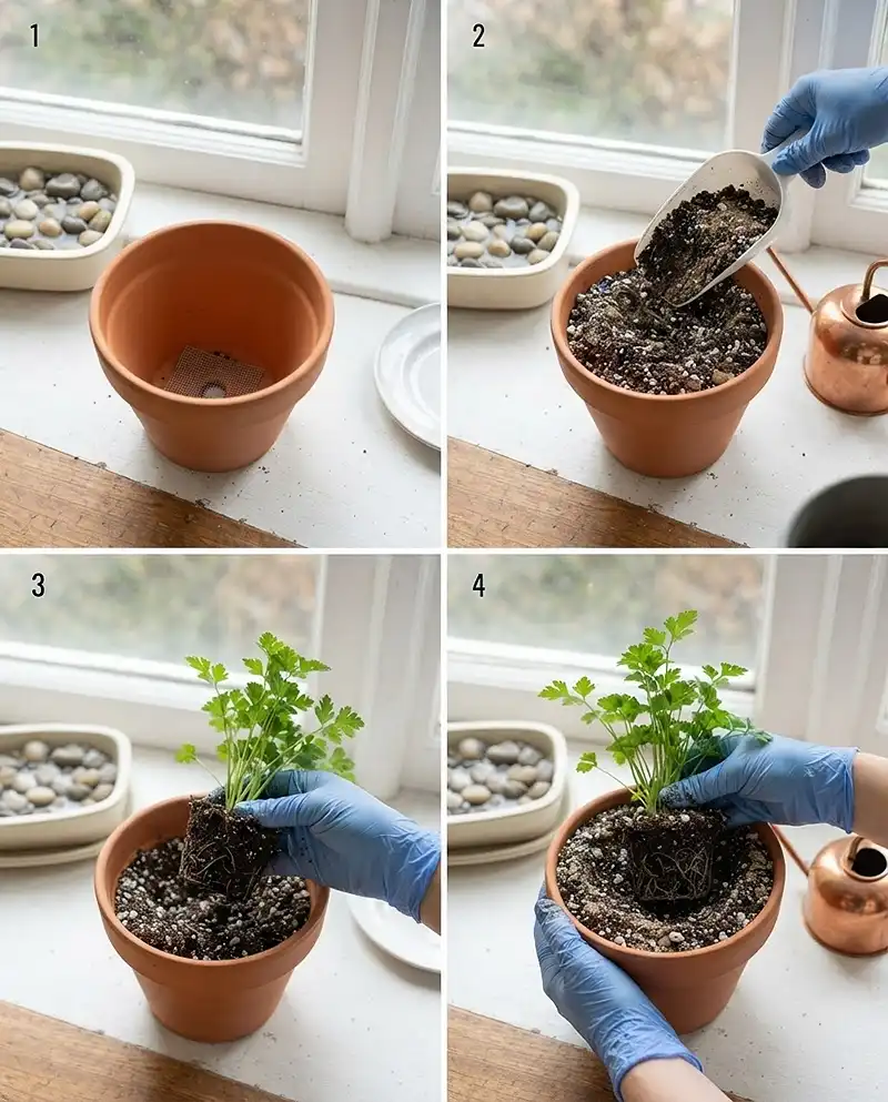 Best Indoor Herbs for Winter 4 Filling a terracotta pot with perlite‑sand mix and planting a parsley plug at its original depth, following the windowsill planting steps