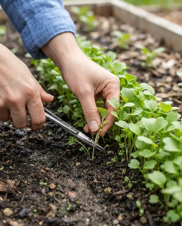 thinning overcrowded seedlings in a beginner vegetable garden