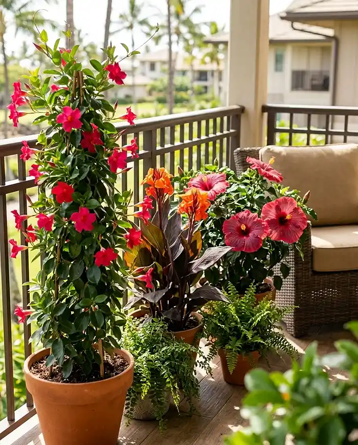 tropical resort balcony oasis with dwarf canna lilies and mandevilla vines