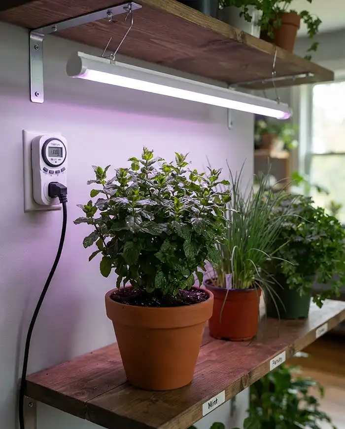 Full-spectrum LED grow light keeping winter mint compact