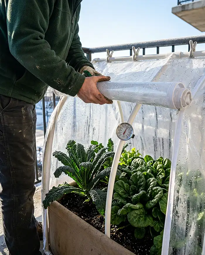 Balcony Cold Frame: Mini Hoop House Guide 4 venting a balcony cold frame on a sunny winter morning